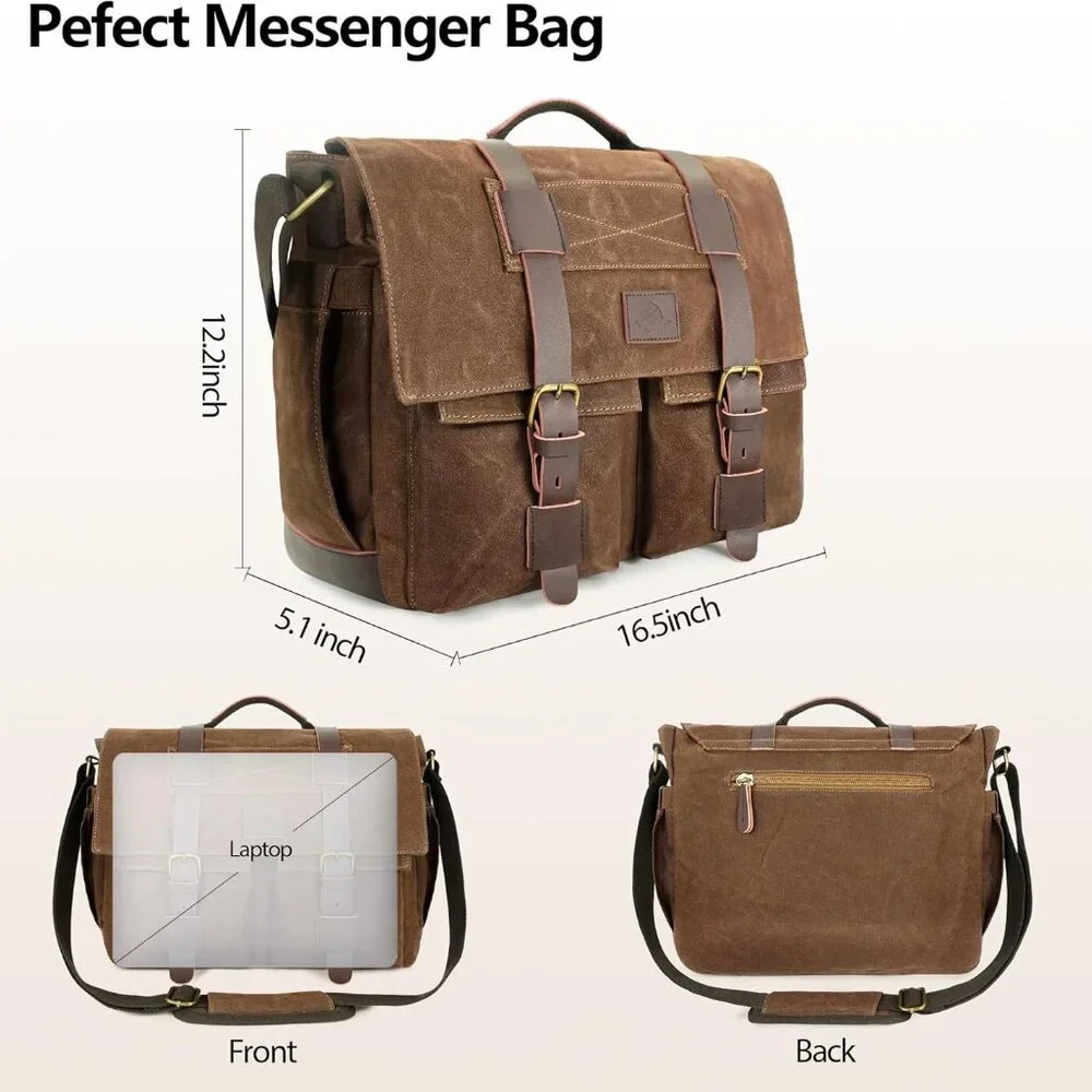 Messenger Bag for Men,14-15.6 Inch Laptop Bag, Water-resistant Waxed Canvas Satc - Picture 4 of 7